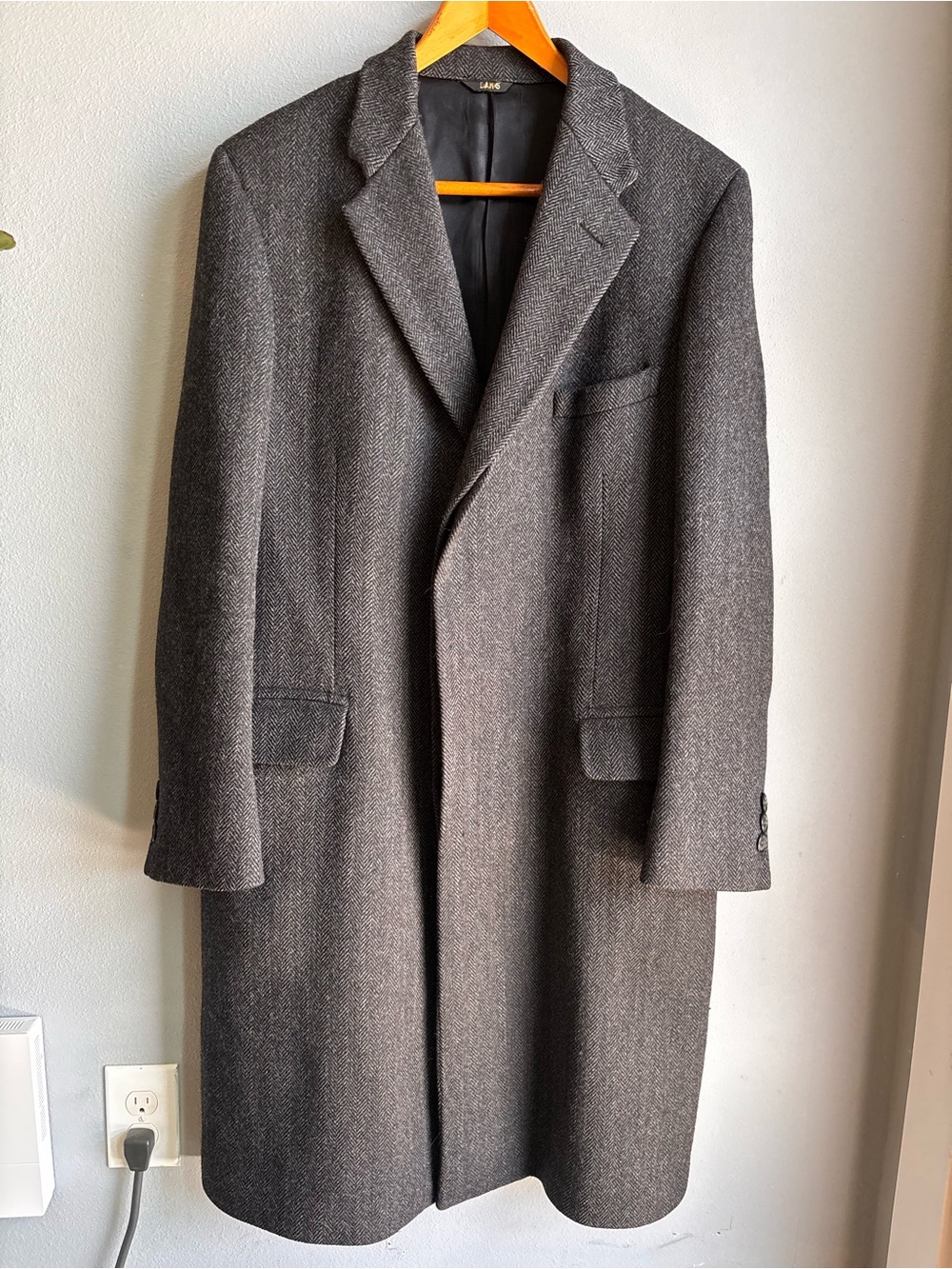 Vintage DAKS London Wool Herringbone Overcoat Bergdorf Goodman Men’s L Gray